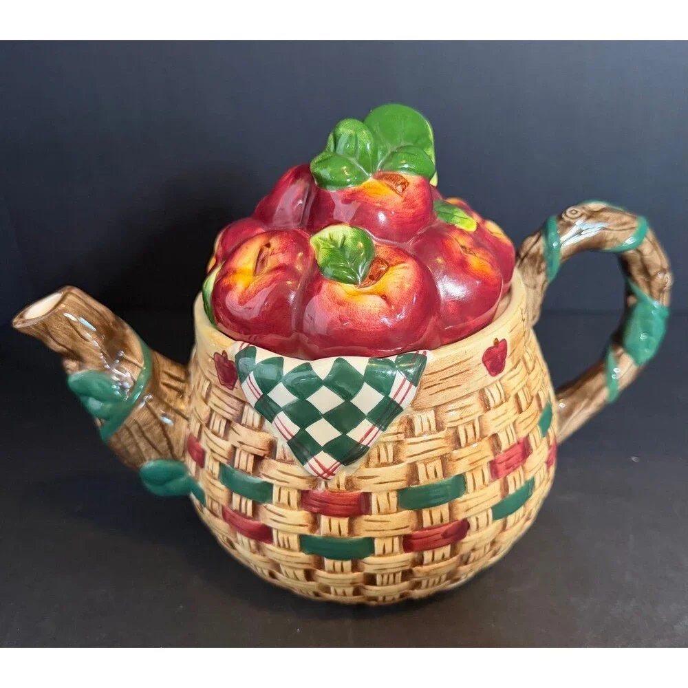 Vintage Young’s Heartfelt Kitchen Creations Ceramic Apple Basket Teapot
